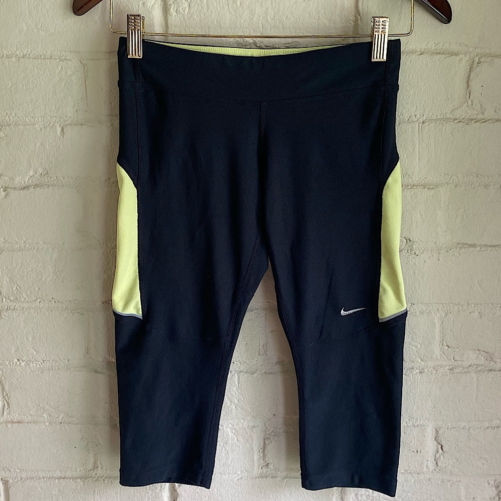 Nike Dri-fit black & light yellow stretchy running workout legging capris